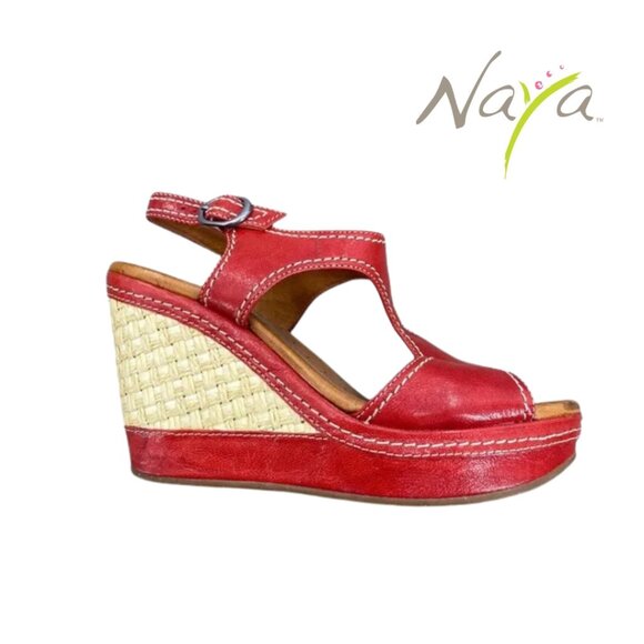 Anthropologie NAYA ETERNAL WEDGE SANDALS BLOOD ORANGE 🍊 LEATHER SIZE 9 - Picture 1 of 9